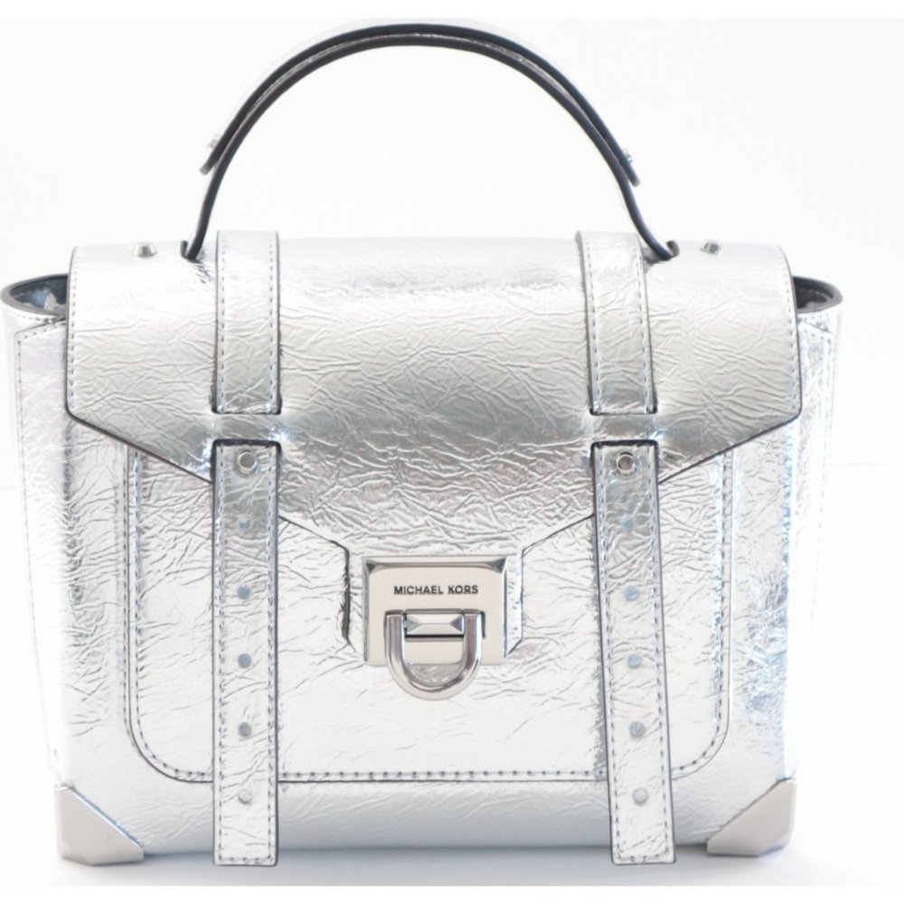Michael Kors Manhattan Medium Soft Leather Satchel Crossbody Shoulder Bag Silver